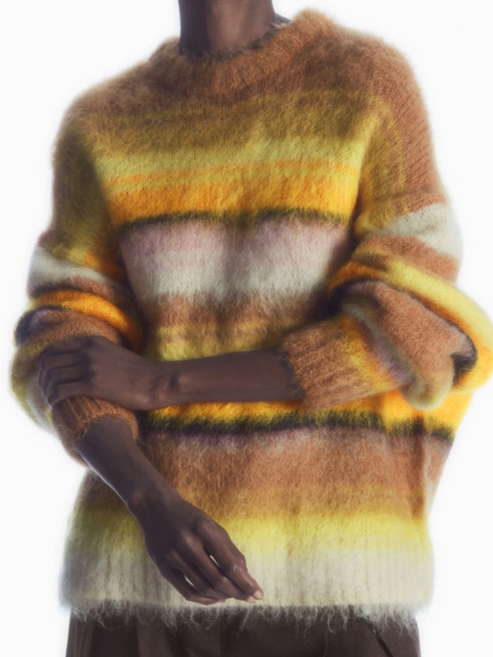 NWOT COS Striped Brushed Mohair Chunky Crewneck Sweater 70s Yellow Brown Size XS
